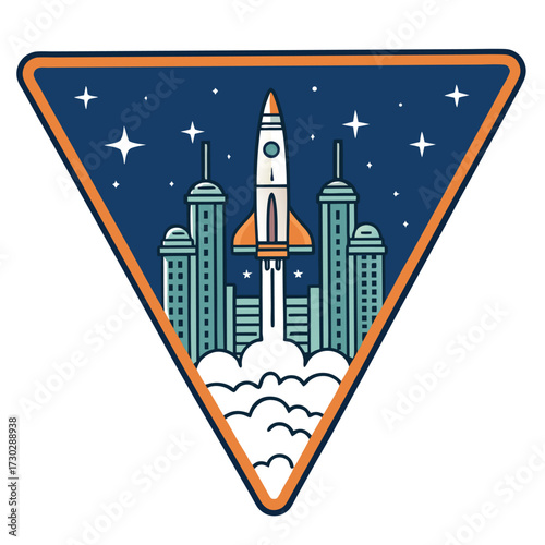 Rocket launching from a city into a starry night sky.