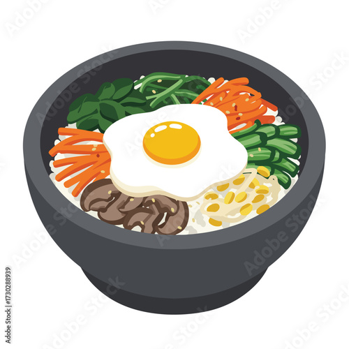 Bibimbap Rice bowl topped with vegetables, meat, and a sunny-side-up egg