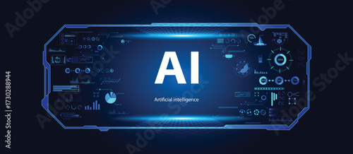 Futuristic AI dashboard interface with digital blue data visualization, perfect for artificial intelligence, technology, innovation, cyber, and modern tech design projects.