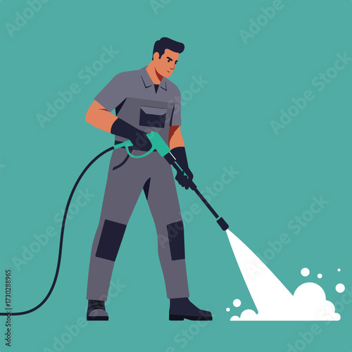 Man sprays with water pressure gun wearing overalls against teal backdrop