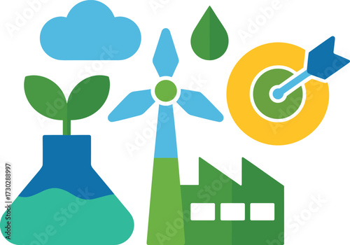 Eco technology icons set with renewable energy, green industry, wind turbine, plant science, sustainable innovation vector illustrations for environment