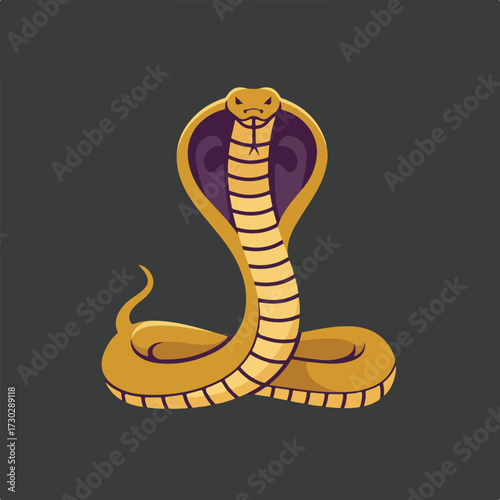 Stylized, cartoon cobra with raised hood on dark gray background