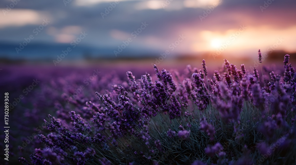 Obraz premium Vast purple lavender field at sunset with warm golden light illuminating the blooms and dramatic sky