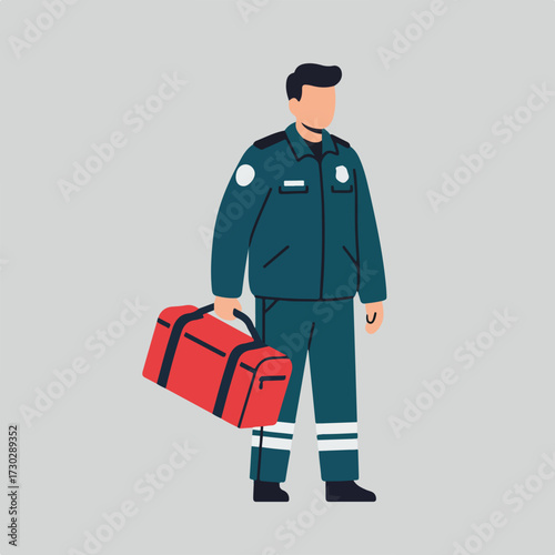 Paramedic, in uniform, carries red first aid bag on gray background, flat design