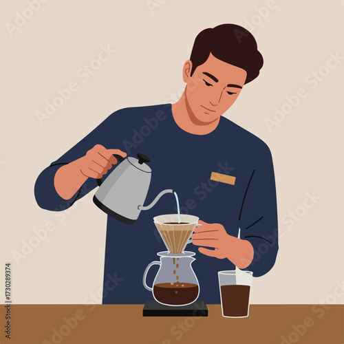 Man carefully pours water into a pour-over coffee dripper