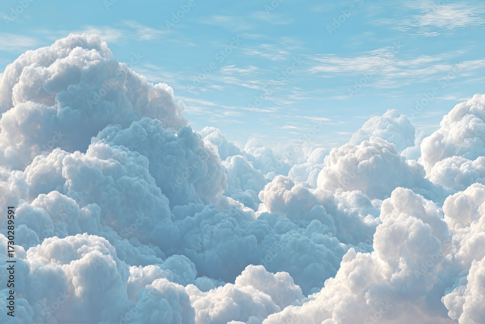 Naklejka premium Fluffy clouds against a bright blue sky, evoking tranquility and beauty in a serene atmosphere, perfect for nature lovers and those seeking calming visuals for various projects