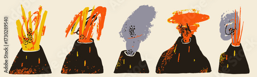Various Volcano set. Volcano eruption, smoke, ash, lava, magma splash. Abstract cartoon trendy style. Hand drawn modern Vector illustration. Isolated design elements. Seismic activity, geology concept
