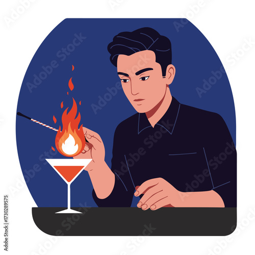 Bartender igniting cocktail with wand, martini glass, dark background, clean art