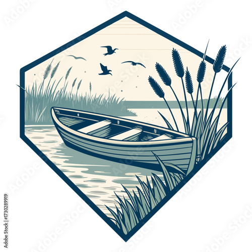A stylized illustration of a rowboat on a calm lake with reeds and birds.