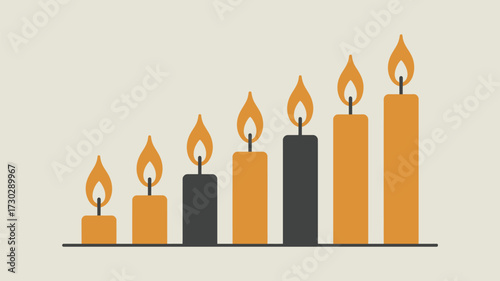 A row of seven candles with flames, alternating between orange and black, increasing in height evenly
