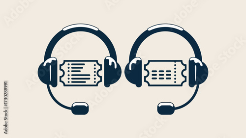Two headsets with tickets attached to the earcups on a light background in a simple graphic style