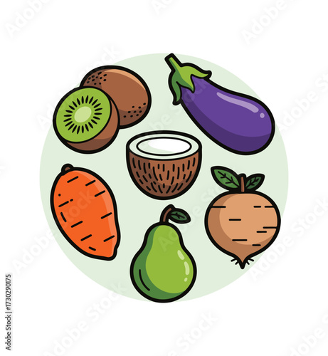  Vector icon set of Pear, Spinach, Broccoli, Mango, Radish, Tomato