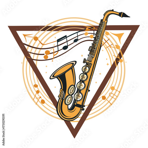 A vintage illustration of a saxophone with musical notes and abstract shapes.