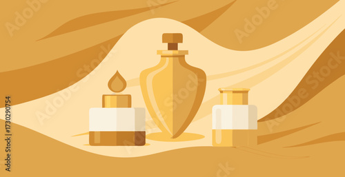 Luxury golden perfume bottle flat lay design