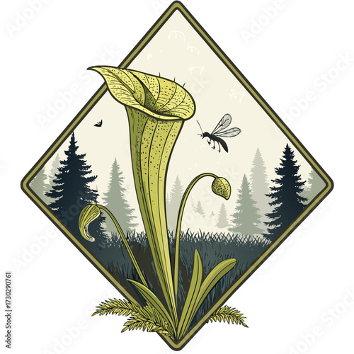Illustration of a pitcher plant luring an insect in a forest scene.