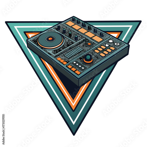 A dj controller inside a stylized triangle of teal and orange stripes.