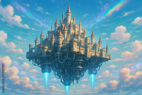 Floating Kingdom at Sky with High Tech Power beneath the Continent, Isekai Anime Style Concept
