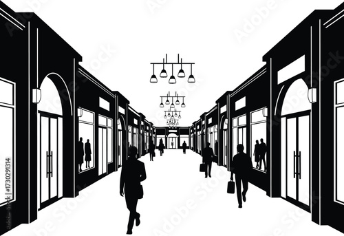 Black and white illustration of a shopping mall interior with people, capturing the essence of retail and commercial activity isolated on white background