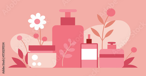 Pink floral cosmetic background with perfume bottle