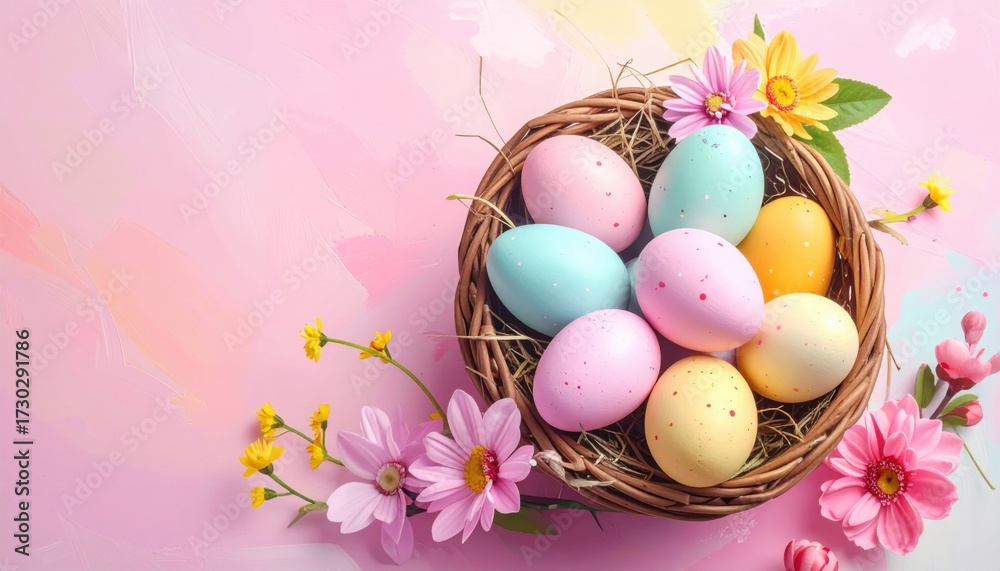 Obraz premium Colorful Easter eggs in a basket with spring flowers, pastel background