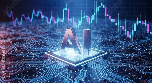 Dynamic AI technology powers futuristic financial trading with glowing circuit board and stock market charts signaling innovation and growth