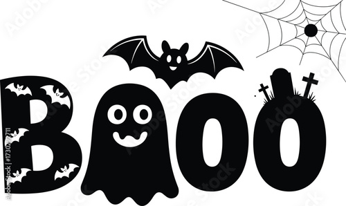 Halloween BOO ghost text design with flying bat, spider web, spooky graveyard tombstone, fun scary typography illustration for seasonal celebration