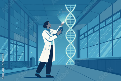 Scientist examining a DNA double helix in a modern research facility.
