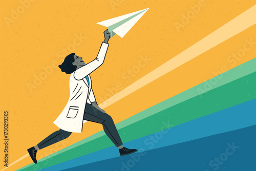Scientist running up colorful stripes and launching a paper airplane.