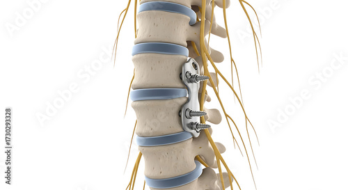 Lumbar spine with spinal fusion hardware and nerves