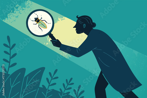 Scientist uses magnifying glass to examine a beetle in a scientific setting.