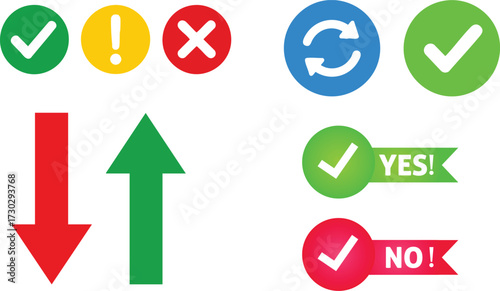 Vector art of set of icons with checkmarks, arrows, and buttons