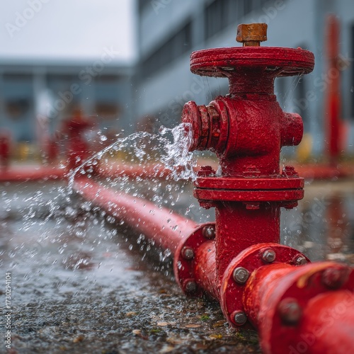 Red Fire Hydrant Leaking Water in Urban Industrial Area - Close Up Perspective