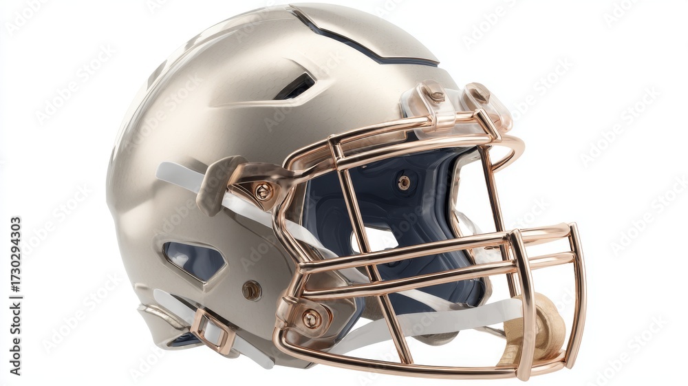 Fototapeta premium Modern american football helmet isolated on clean white background for sports equipment design, protective headgear concept, safety gear closeup for athletics and professional game accessory