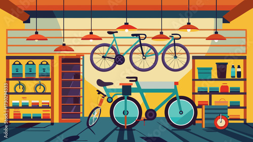 Illustration of a bicycle shop with bikes and shelves