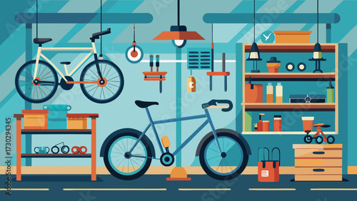 Illustration of a bicycle repair shop with two bikes