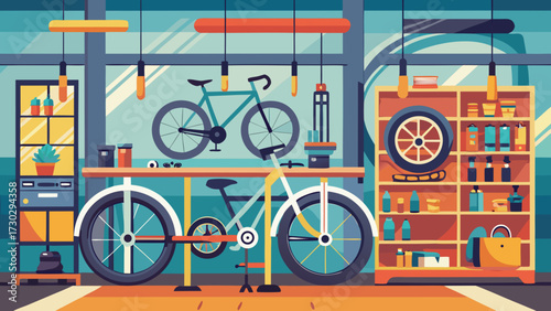 Illustration of a bicycle repair shop with two bikes