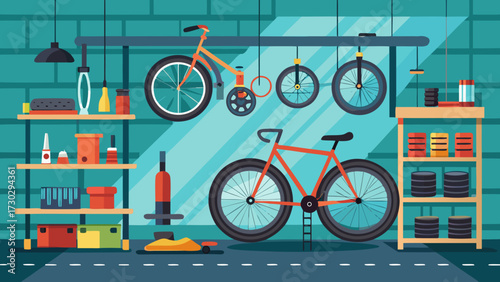 Illustration of a garage workshop with bicycles and tools