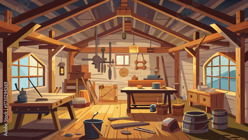 Interior view of a workshop with tools and equipment