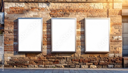Modern Billboard Trio Mockup on a Rustic Brick Facade with Golden Hour Light.