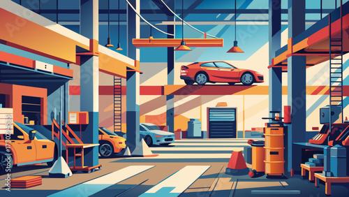 Illustration of an auto repair shop with several cars