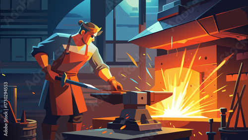 A blacksmith forging a sword in a fiery workshop scene