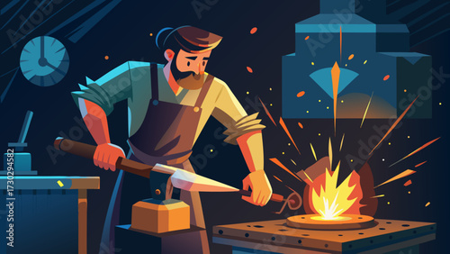 A blacksmith working with hot metal in a dark workshop