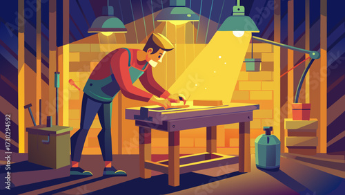 Carpenter working at workbench under bright lights indoors
