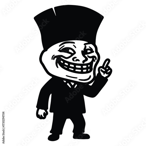Black and white drawing of internet meme troll face figure