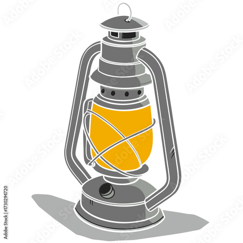 Vintage oil lantern with glowing yellow glass, gunmetal frame and protective wire guards, top handle and control knob; warm soft glow and cast shadow evoke camping, history, and rustic comfort