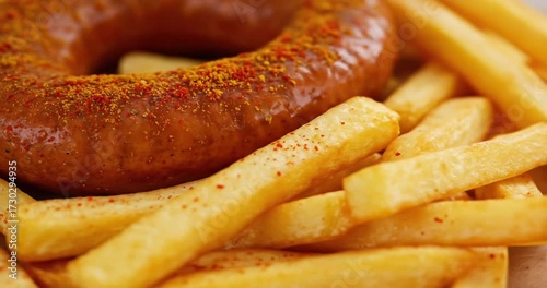 Close-up of Spicy Sausage Ring on Crispy Fries