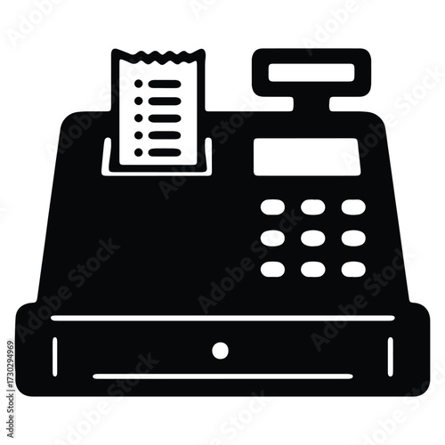 Black and white illustration of a cash register with receipt