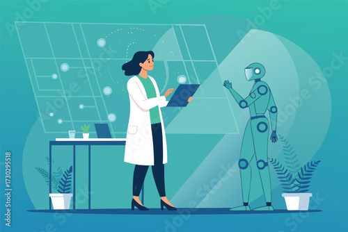 Scientist working with a robot in a futuristic laboratory environment.
