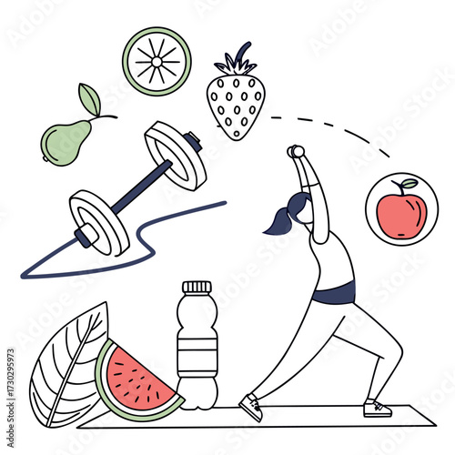 "Healthy Lifestyle and Fitness Illustration with Fruits and Exercise"