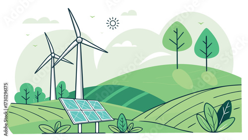 "Renewable Energy Landscape with Solar Panels and Wind Turbines"